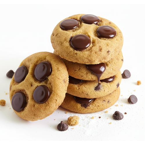 A stack of golden-brown chocolate chip cookies with glossy chocolate chips, with one cookie leaning in front. Scattered chocolate chips and crumbs are visible on a clean white background.