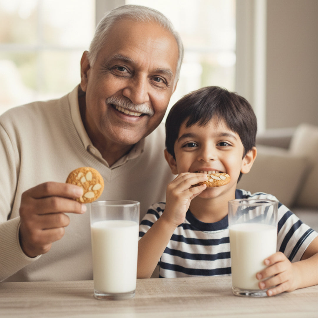 A smiling older man and a young boy sit together at a table, each holding a glass of milk and eating a cookie. The man wears a beige sweater, and the boy wears a navy-and-white striped shirt.